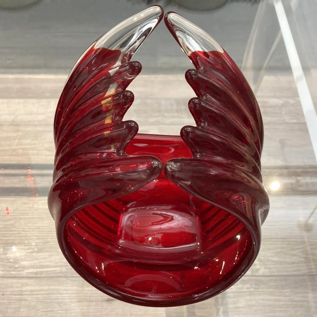 Modern Vintage Red Cased Glass Chalet Sculptural Basket For Sale - Image 3 of 9