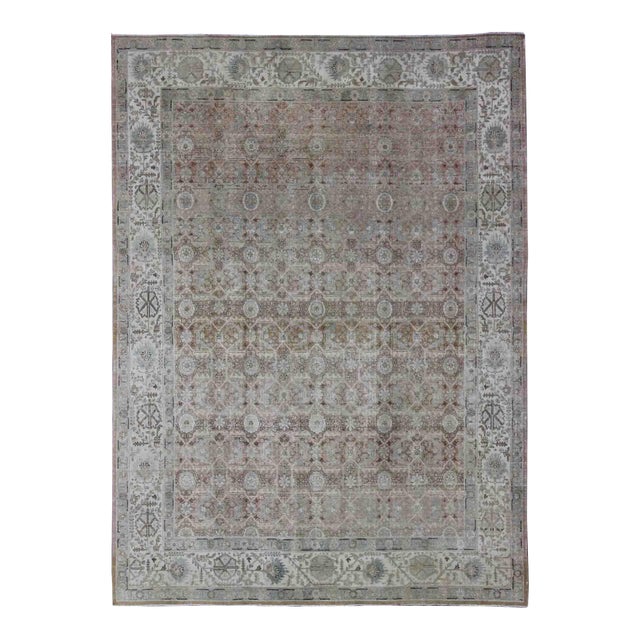 Antique Persian Tabriz With All-Over Floral Design in Ivory, Blue, Blush, Brown For Sale