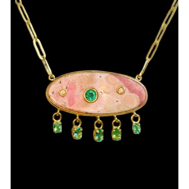 Rhodochrosite Necklace with Emeralds & Diamonds Jen Proudman Jewelry Rhodochrosite, Emeralds, Diamonds & 14k Gold Carved...