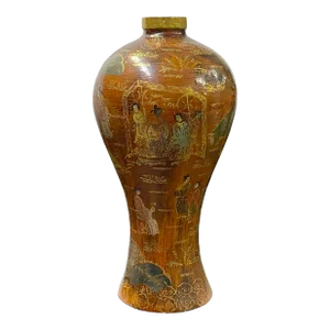 Chinoiseries Golden Graphic Brown Lacquer Vase Jar Shape Display