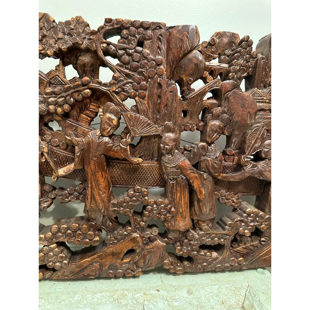 Antique Asian Hand-Carved Wall Art Wood Sculpture Fine Art Scenes For Sale - Image 6 of 12