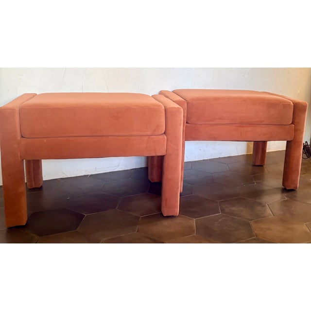 Contemporary Pair of Burnt Umber Velvet Milo Baughman Style Parsons Ottomans, by West Elm For Sale - Image 3 of 12