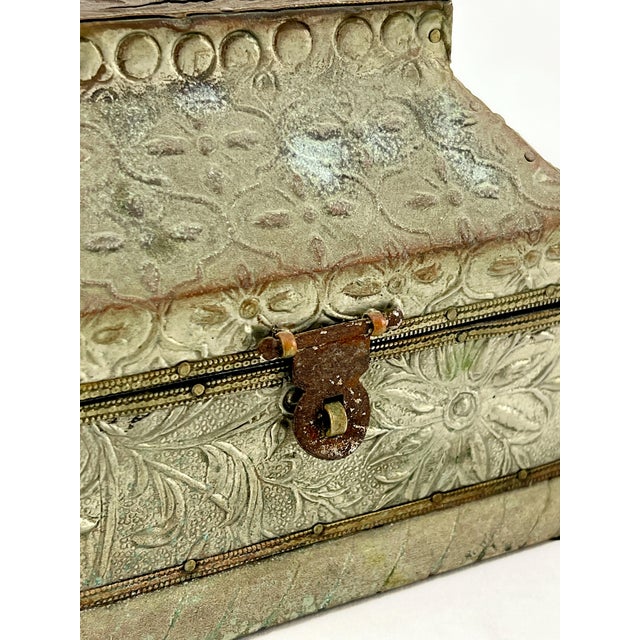 Vintage tin covered wooden box. Has developed a great patina. Excellent trinket box for anywhere. 5.75" x 5.75" x 4.5"