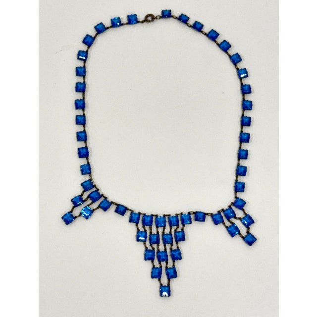 Antique Czech Glass 1920s Art Deco Cascading Sterling Silver Prong Set Blue Necklace For Sale - Image 9 of 10