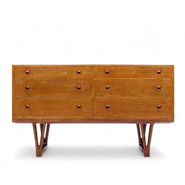 Helge Vestergaard-Jensen for Peder Pedersen Mid Century Sculptural Danish Teak 6 Drawer Dresser This lowboy measures:...