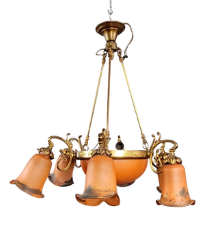 Art Nouveau Style Chandelier in Brass, Bronze and Glass Paste after Muller, 1950s