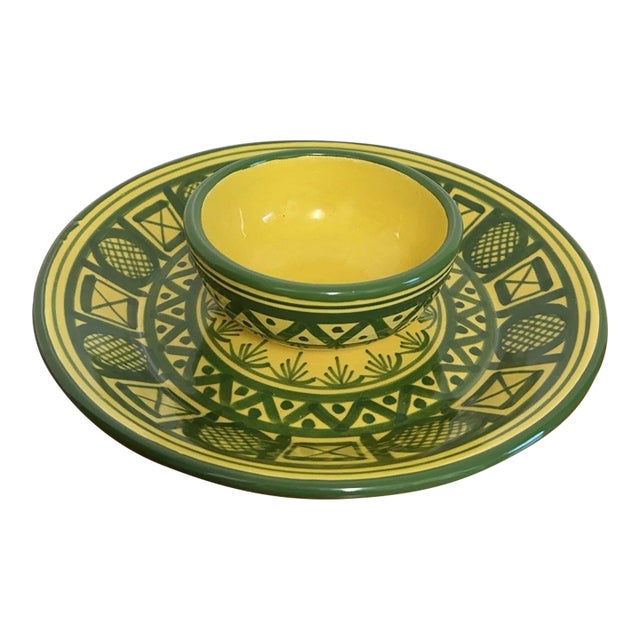 Vintage Mexican Pottery Chip & Dip Serving Set Hand Painted Yellow Green 2Pc For Sale