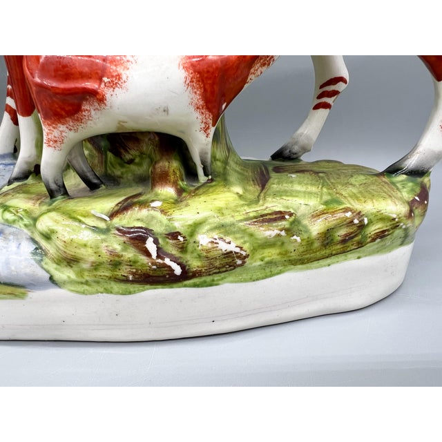 Ceramic Large 19th Century Staffordshire English Cow and Calf Spill Vases, Pair – English Country / Victorian For Sale - Image 7 of 18
