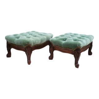 Vintage Small Green Velvet Upholstered Footstools- a Pair For Sale
