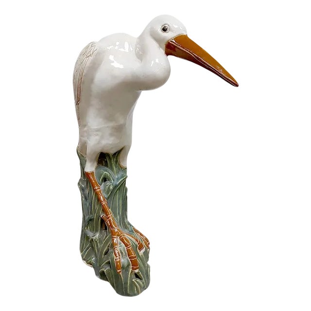 Vintage Italian Ceramic Majolica Crane, 1960s For Sale