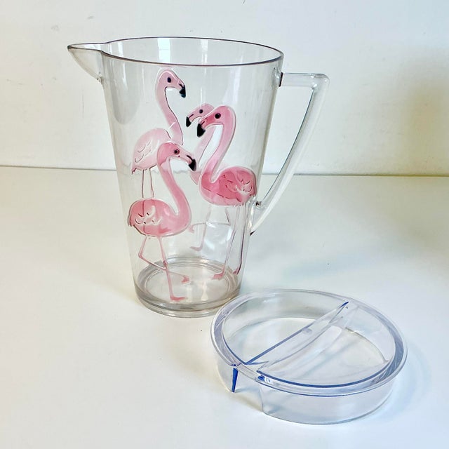 Vintage Coastal Boho Chic Flamingo Poolside Lucite Acrylic Pitcher & Plastic Glasses - Set of 13 For Sale - Image 12 of 14