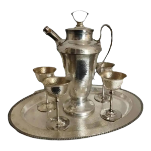 Circa 1920s Vintage Hammered Metal Martini Cocktail Set With Oval Tray- 6 Pieces