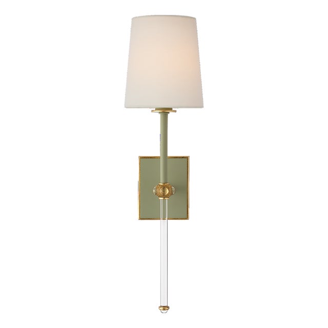 Julie Neill for Visual Comfort Signature Lucia 21" Cordless Sconce in Celadon and Crystal with Linen Shade For Sale