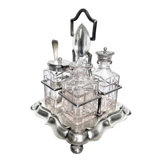 Late 1800s Victorian Silver and Cut Crystal Cruet Set With Carrier For Sale