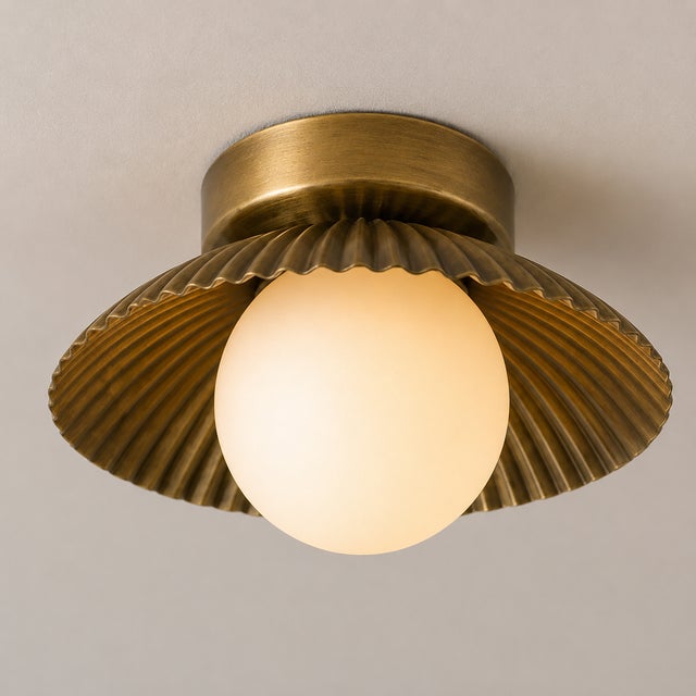 Solid Brass Fluted Flush Mount Ceiling Light With Opal Glass Globe For Sale - Image 6 of 8