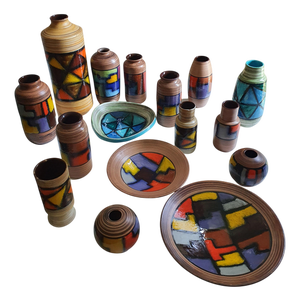 Mid-Century Black, Blue, Orange and Yellow Vetrata Vases and Bowls by Aldo Londi for Bitossi, Italy, Set of 16