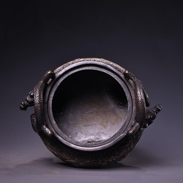 Asian Bronze Silver-Washed Dragon Tripod Censer — High Relief Lidded Incense Burner For Sale - Image 3 of 9