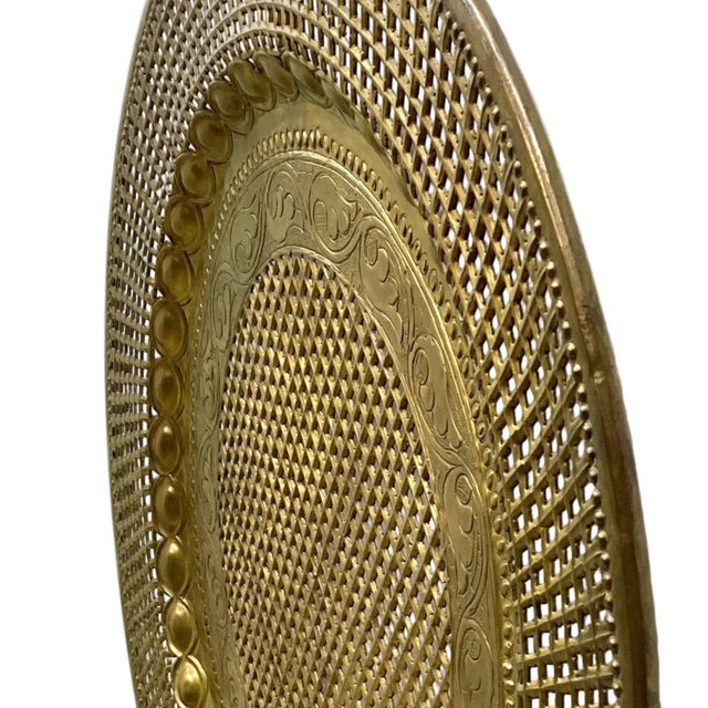 Large Vintage Brass Platter Lattice Weave Wall Plate For Sale - Image 4 of 5