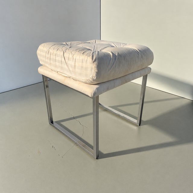 Mid-Century Modern Milo Baughman Style Chrome Upholstered Stool For Sale - Image 3 of 14
