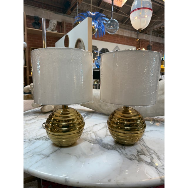 Metal 1970s Brass Ribbed Base Table Lamps With Drum Shades - a Pair For Sale - Image 7 of 7