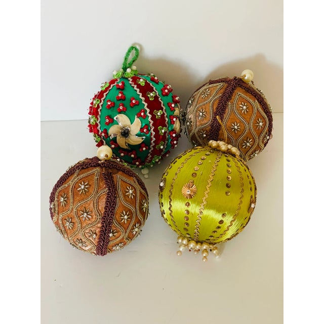 4 Vintage Christmas ornaments 5” balls embroidered and beaded.