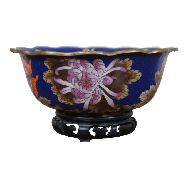 Mid 20th Century Chinese Cloisonne Floral Chrysanthemum Butterfly Scalloped Centerpiece Bowl For Sale