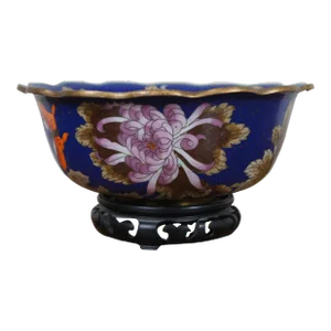 Mid 20th Century Chinese Cloisonne Floral Chrysanthemum Butterfly Scalloped Centerpiece Bowl