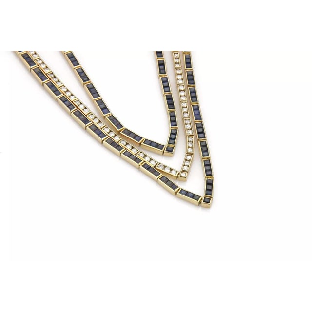 Estate 54.60ct Diamond & Sapphire 18k Yellow Gold Fancy 3 Row Necklace For Sale - Image 4 of 5