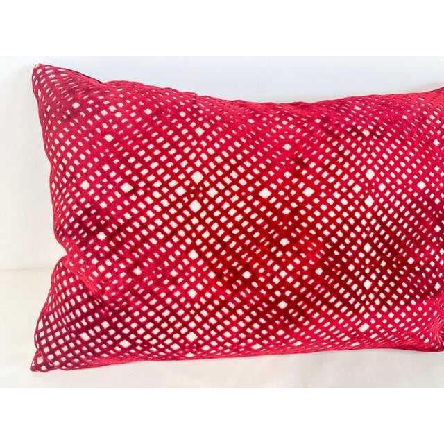 Textile Red Geometric Cut Velvet Lumbar Pillow With Down Insert For Sale - Image 7 of 8