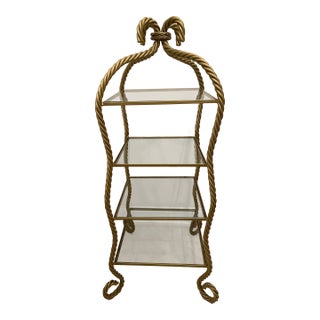 Vintage Metal Rope Twist Design Etagere With 4 Glass Shelves For Sale