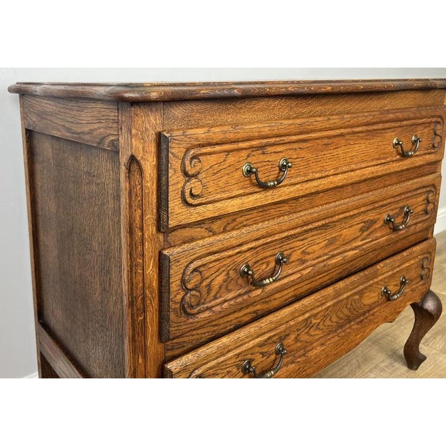 Wood Vintage French Louis Carved Oak Chest of 3 Drawers For Sale - Image 7 of 13