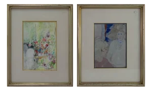 Carlos Cardella, Floral Table Scene and Two Women, Mixed Media, Framed, Set of 2