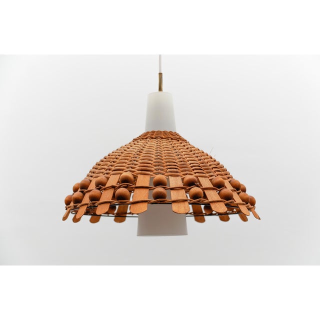 1960s Mid-Century Modern Pendant Light in Rattan, Opaline Glass and Copper, 1960s For Sale - Image 5 of 9