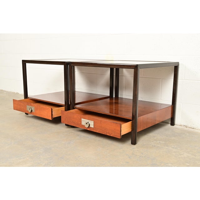 Michael Taylor for Baker Furniture Mid-Century Hollywood Regency Cherry Wood Nightstands or End Tables, Pair For Sale In South Bend - Image 6 of 14