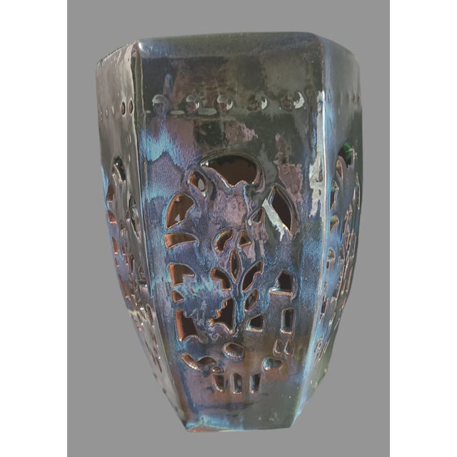 Late 20th Century Glazed Dark Blue Terracotta Pierced Hexagonal Garden Stool For Sale - Image 4 of 12