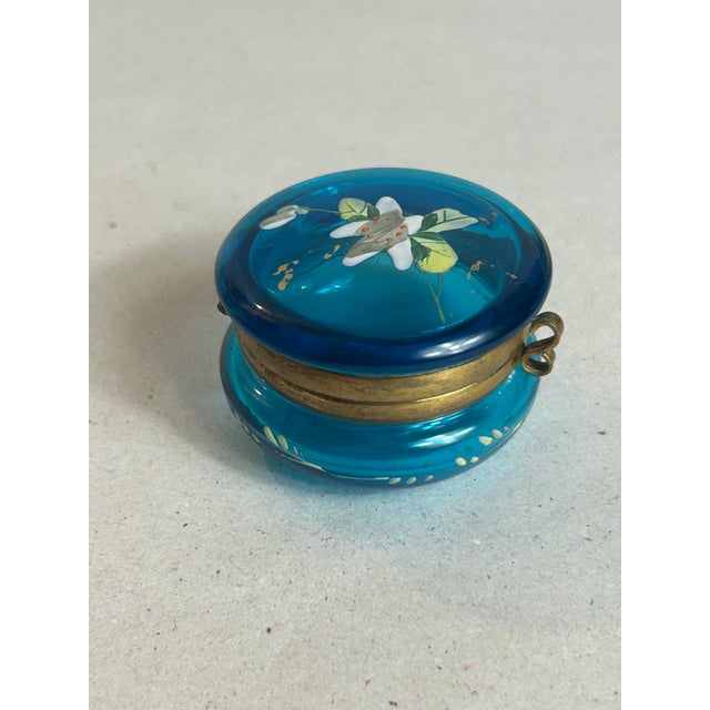 Victorian Antique Victorian Vanity Trinket Box Bohemian Floral Painted Cobalt Blue Glass For Sale - Image 3 of 12