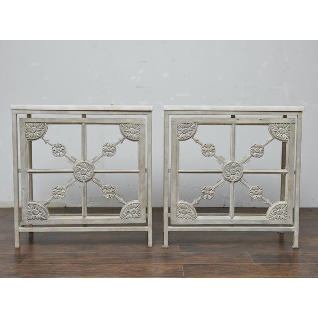 19th Century Pair of French Painted Iron Consoles With Carved Wood Panels and Marble Tops For Sale - Image 11 of 11