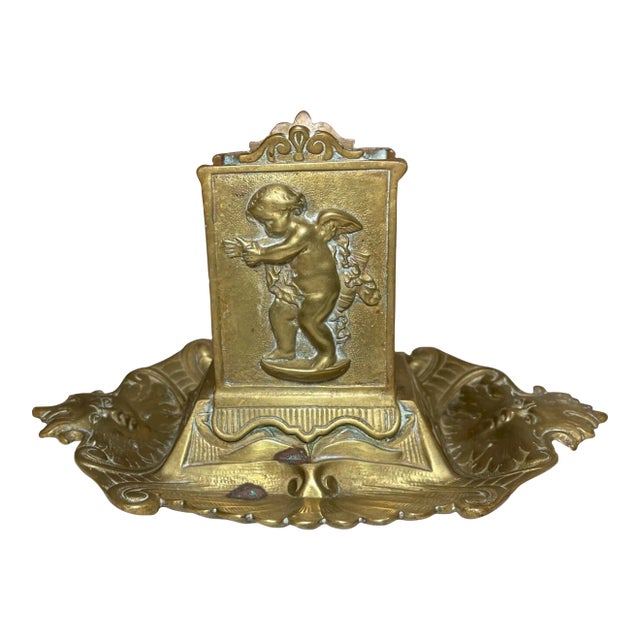 Antique 1800's Gilt Bronze Smoking Ashtray Cherub Match Safe Holder Stand Brass For Sale