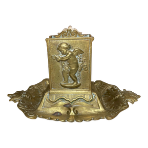 Antique 1800's Gilt Bronze Smoking Ashtray Cherub Match Safe Holder Stand Brass