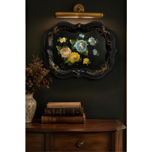 Metal Large 1950s Hand Painted Toleware Tray Black Metal Floral Serving Tole Fine Arts Studio For Sale - Image 7 of 14