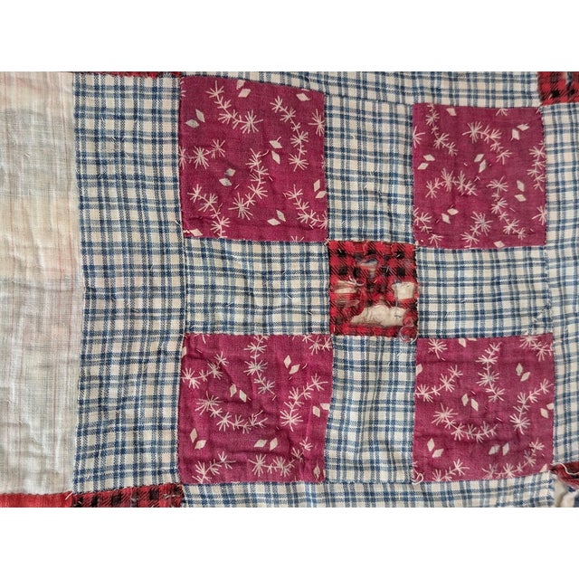 Late 19th Century Hand-Stitched American Folk Art Nine Patch Pattern Quilt For Sale - Image 5 of 10
