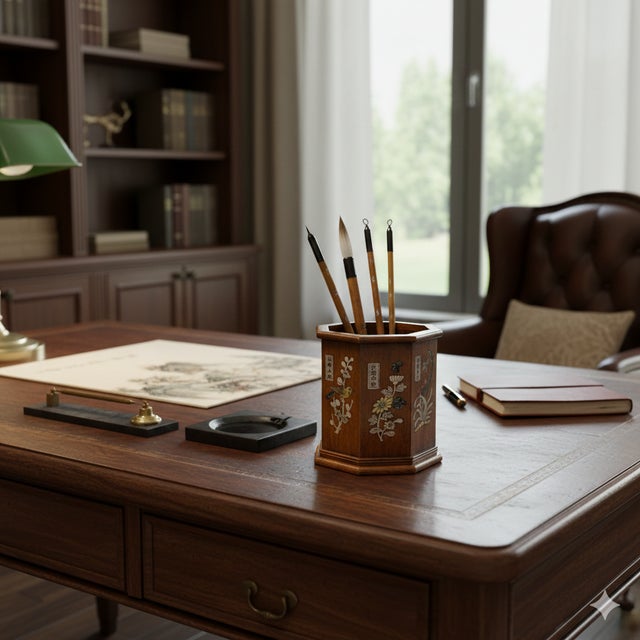 Chinese Brown Natural Patina Mother of Pearl Brush Pen Holder Art For Sale - Image 4 of 11