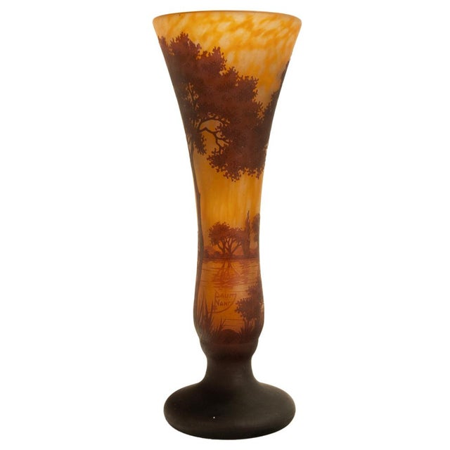 Antique tall French Art Nouveau cameo glass landscape vase by Daum Freres, Nancy, circa 1900. This beautiful piece of...