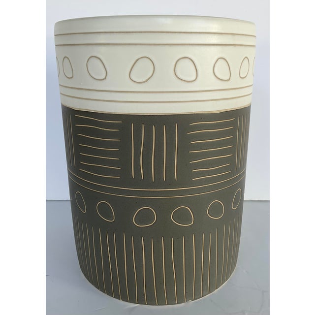 Stylish Revelation Modern Gray and White Hieroglyphics Garden Stool, showroom floor sample