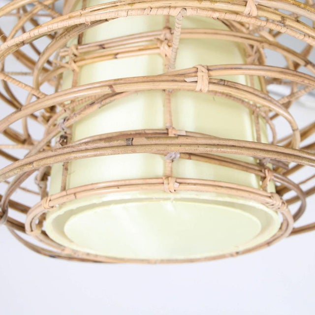 Mid-Century Modern Vintage Rattan and Fabric Pendant Light For Sale - Image 3 of 11