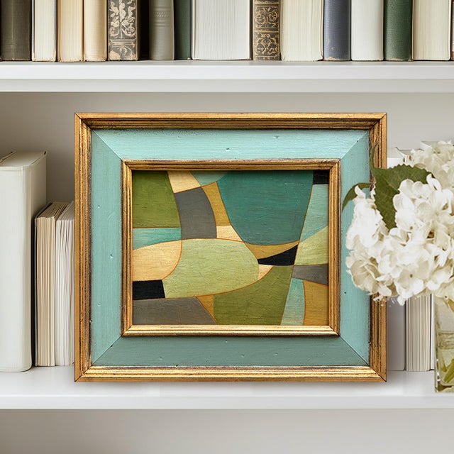 This is a new abstract color-block oil painting in soft blue and green tones. The oil painting is done on a hardboard...