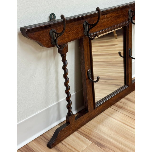 Early 19th Century Antique English Oak Hall Tree Mirror With Barley Twist Hooks C 1900 For Sale - Image 5 of 7