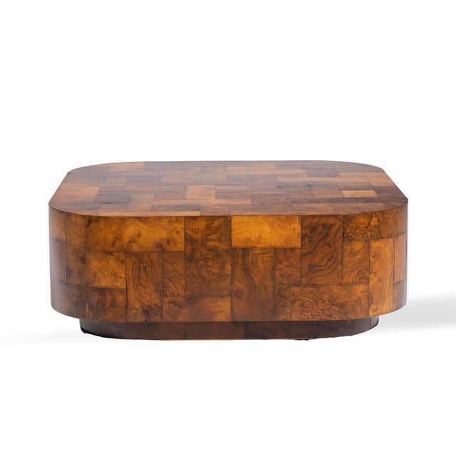 Paul Evans for Directional Mid Century Patchwork Burlwood Coffee Table This coffee table measures: 42 wide x 42 deep x...