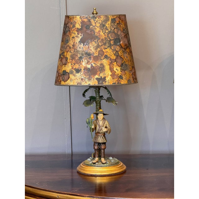 Metal Pair of Cold Painted Bronze Figural Lamps With Mottled Paper Shades For Sale - Image 7 of 16