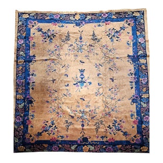 Antique Art Deco Chinese Rug, Handwoven Wool, Allover Floral Motifs, Tan & Blue, 13' X 16' For Sale